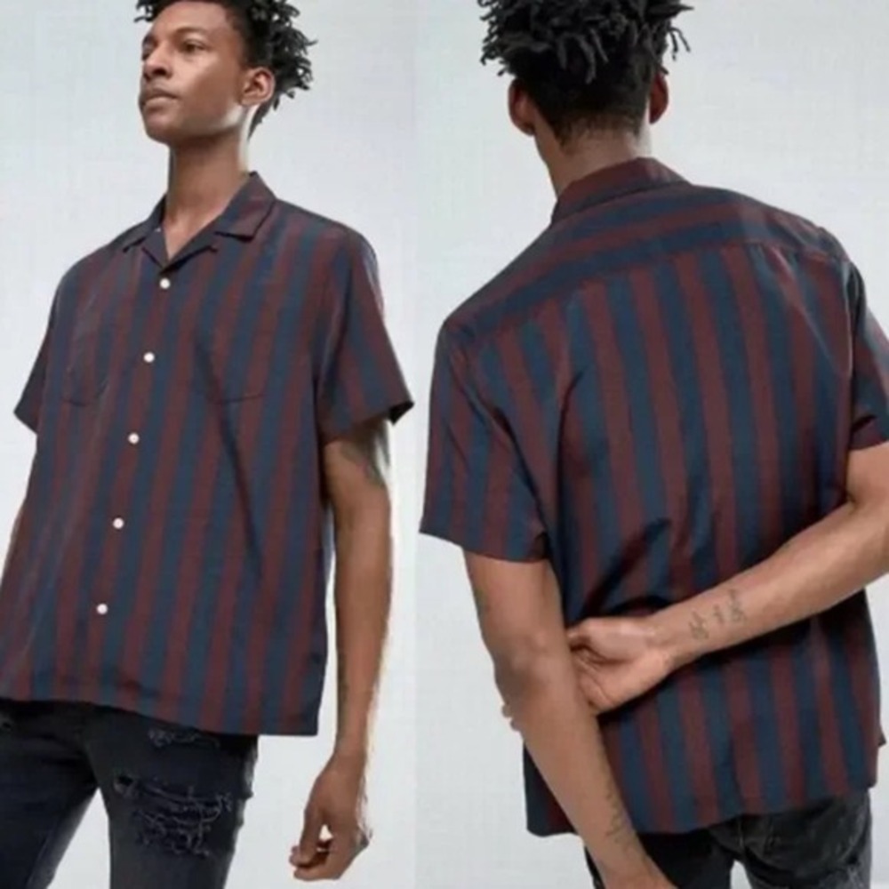 ASOS Design Slim Stretch Striped Shirt Blue‎ Red Size Large Button Down Mens Top